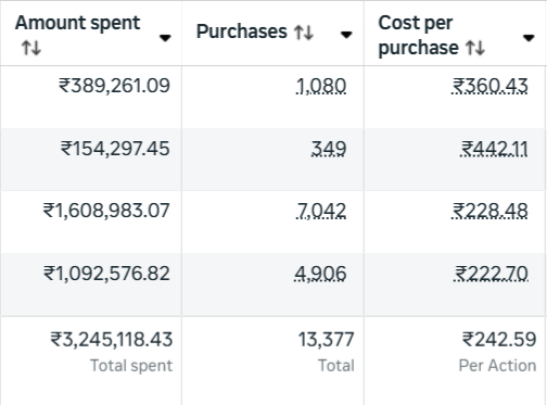 13,377 Purchases at ₹242.59 per purchase. Original dashboard, identifying columns cropped out.