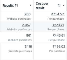 3,118 Website Purchases at ₹496.02 per purchase. Original dashboard, identifying columns cropped out.